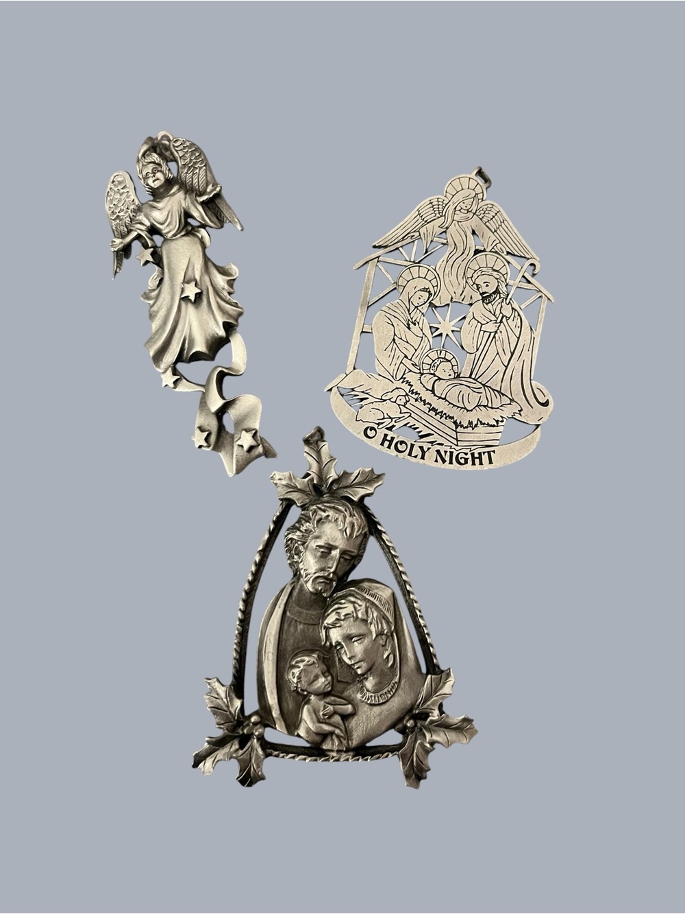 Vintage CAMCO Silver Pewter Ornament Lot Nativity Angel Jesus Mary Joseph